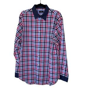 Esquire Men’s Slim Fit Cotton Plaid Shirt Blue Pink White Size 17 36/37 Tall